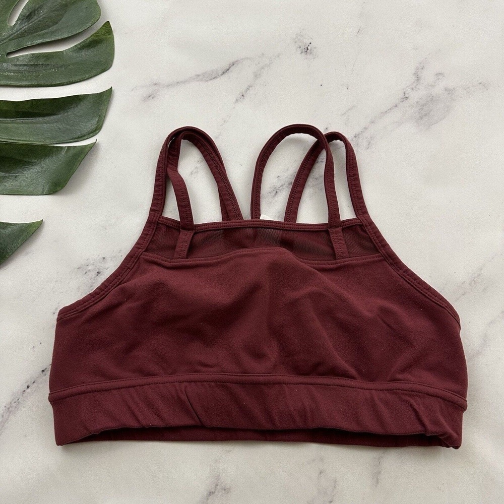 Oiselle Womens Sports Bra Size 4 Burgundy Red Strappy Back Mesh Trim